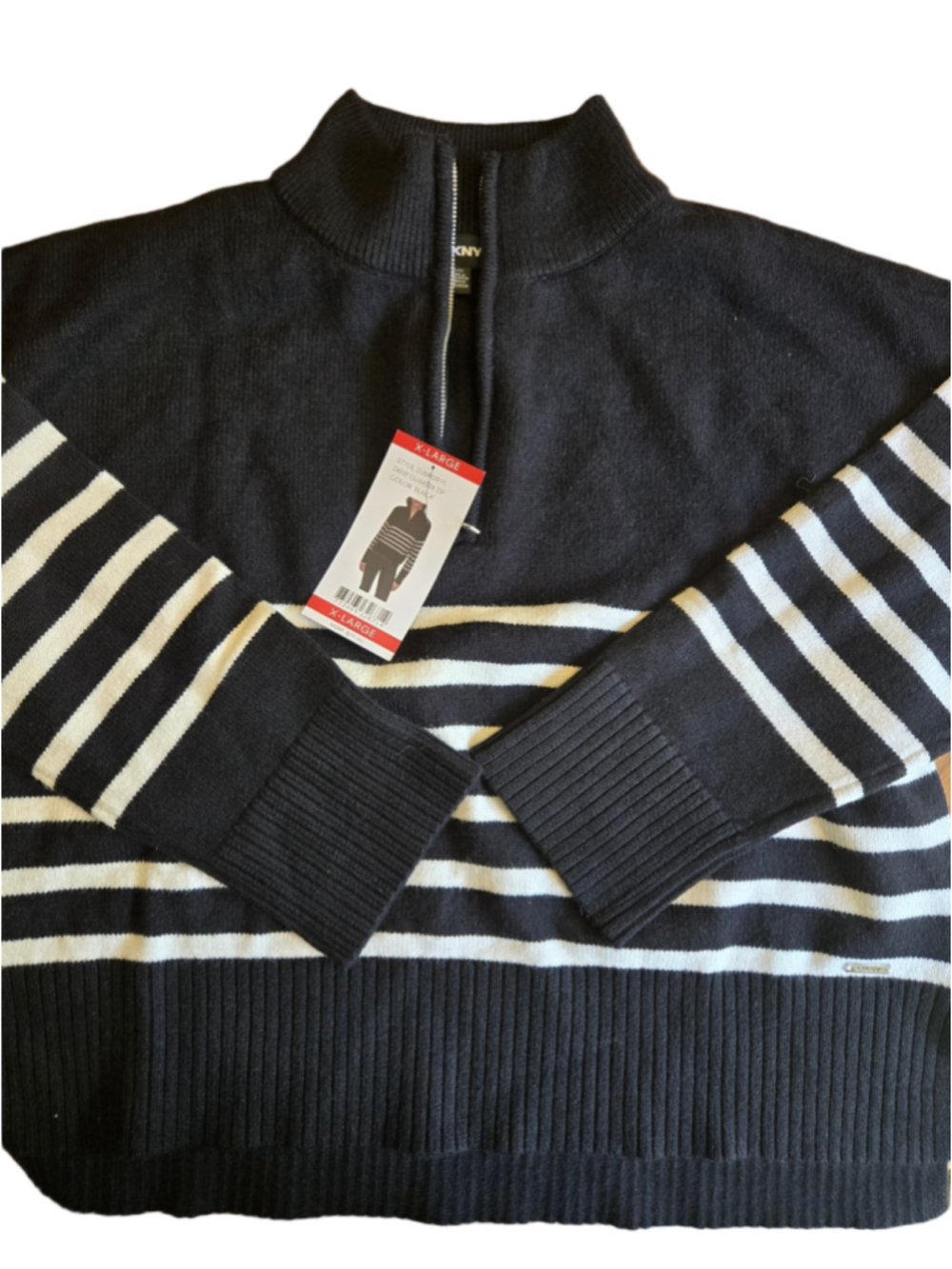 Women's DKNY Quarter Zip Sweater XL Black & White Striped
